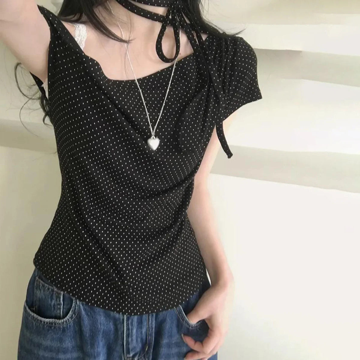 Women's polka dot one-shoulder summer T-shirt by HSF Marketplace