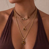 Retro 3 Layers Gold Plated Tiger Eye Stone Necklace For Women Boho Sun Zircon Sun Pendant Beaded Stackable Choker Party Jewelry