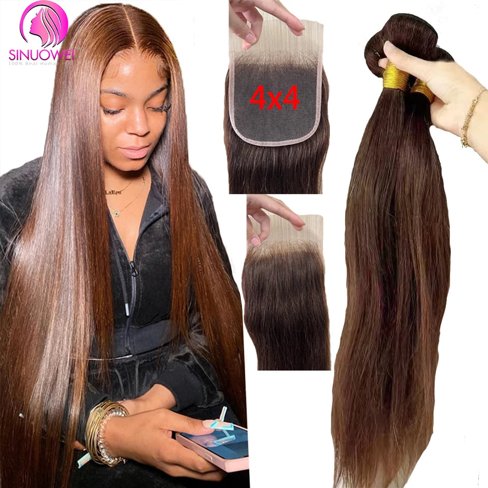 8-34Inch Chocolate Brown Straight Human Hair Bundles With Closure 100% Human Hair Bone Straight Hair  Human Hair Extensions 12A