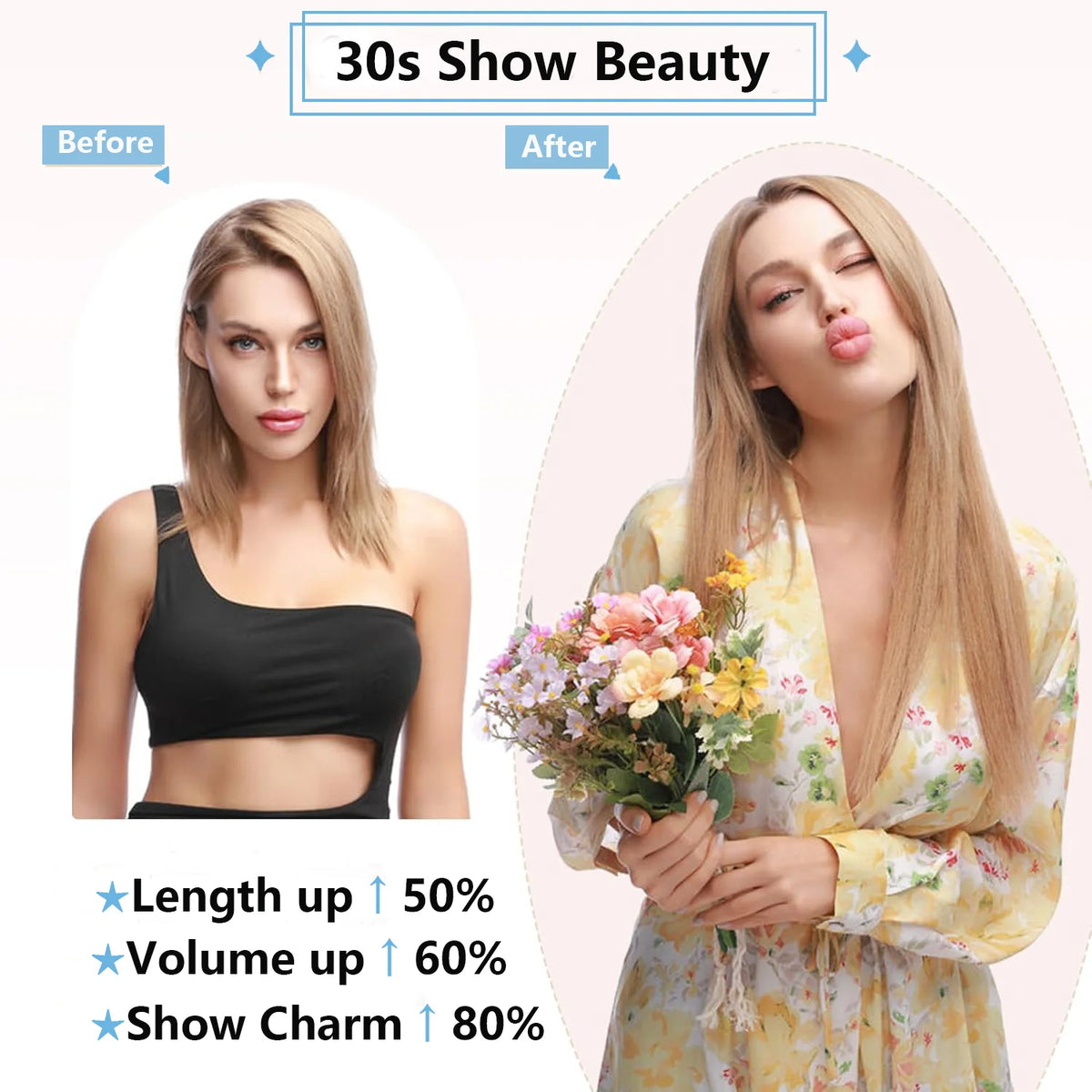 Brazilian Remy human hair clip-in extension, straight 10-inch hairpiece with 5 clips in natural color