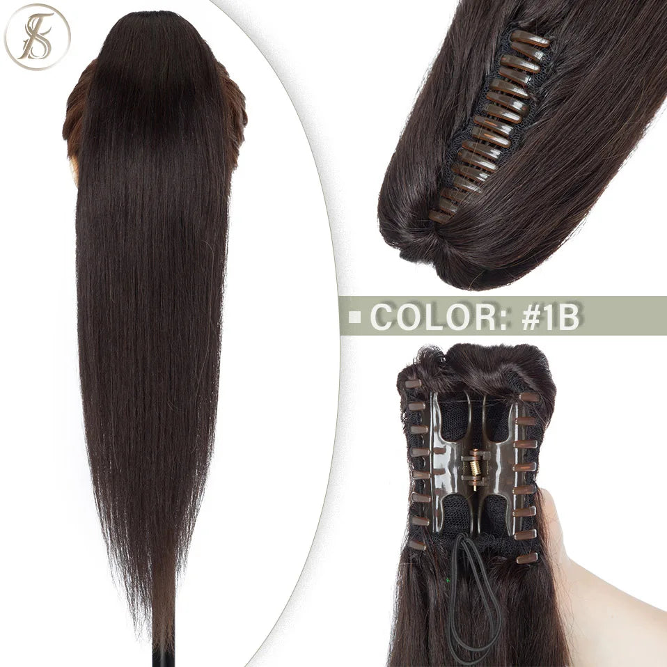 TESS Brazilian human hair claw clip-in ponytail extension, 14-22 inches, natural black to blonde shades
