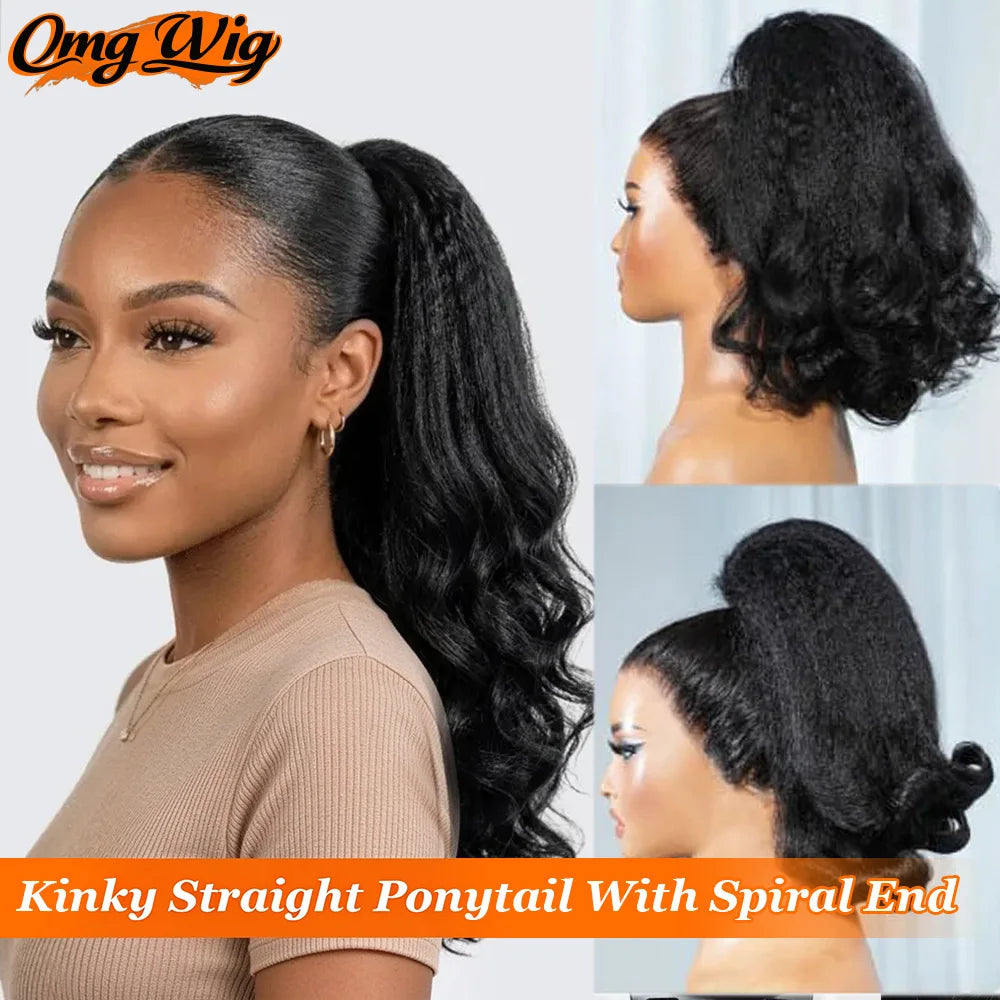 Kinky Straight With Spiral End Drawstring Ponytail Human Hair Extensions 100% Real Human Hair Brazilian Remy For Black Women