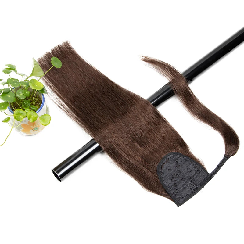 Human hair clip-in ponytail extension wrap-around hairpiece in natural black, brown, or blonde shades
