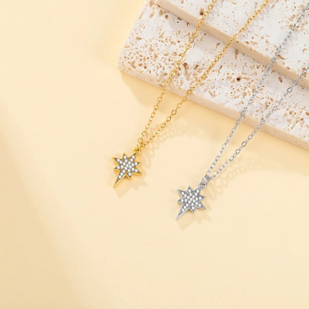 Gold stainless steel North Star pendant necklace for women featuring zircon accents and a delicate chain, waterproof jewelry.