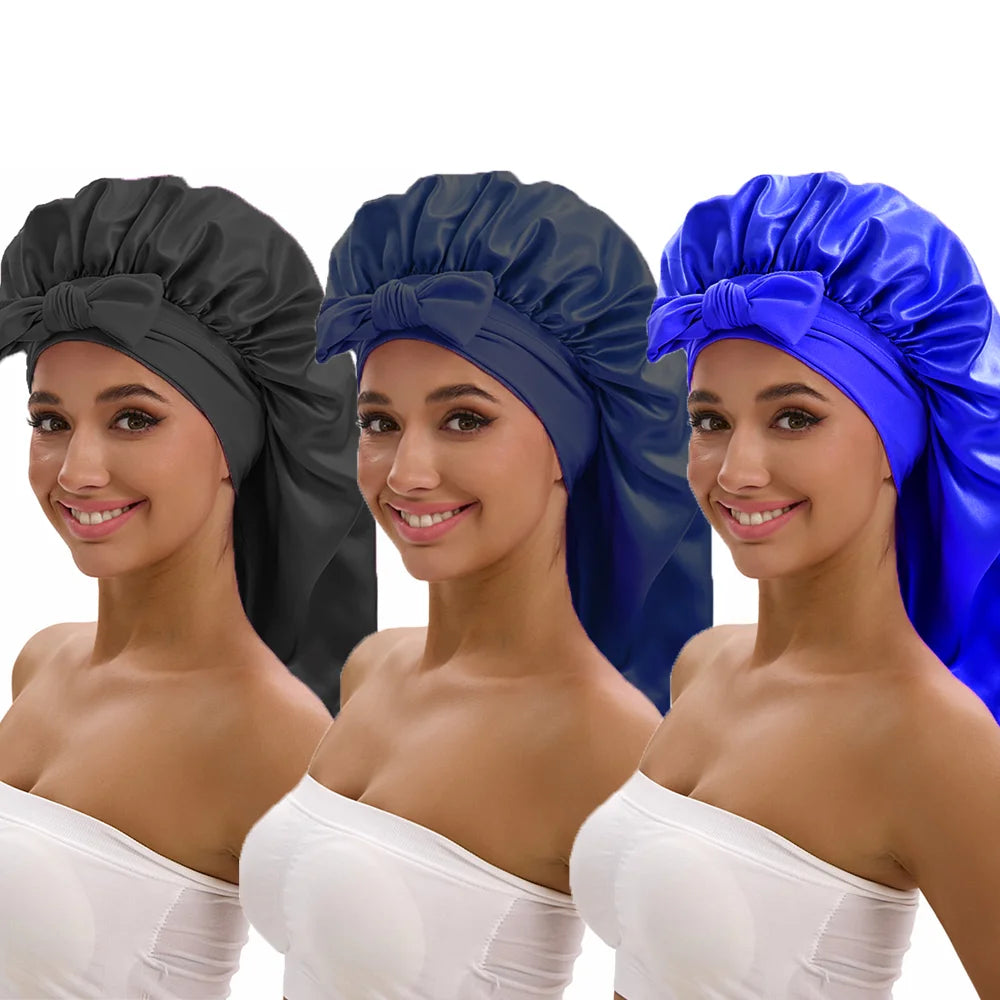 3-piece satin long bonnet set with wide brim and bow tie for everyday hair styling by HSF Marketplace