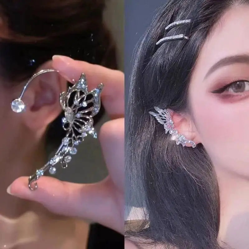 Korean elf butterfly ear cuff clip earrings with sparkling zircon crystals, no-piercing wedding jewelry for women