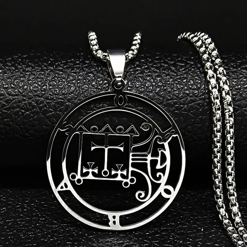 Stainless steel Satan necklace with Baphomet sigil and chain, featuring Asmoday and laser-etched details from HSF Marketplace.