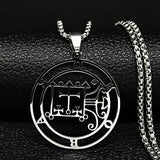 Stainless steel Satan necklace with Baphomet sigil and chain, featuring Asmoday and laser-etched details from HSF Marketplace.