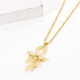 Eye of Horus Egypt charm pendant featuring an Ankh cross on a jewelry necklace, styled as a religious choker for women.