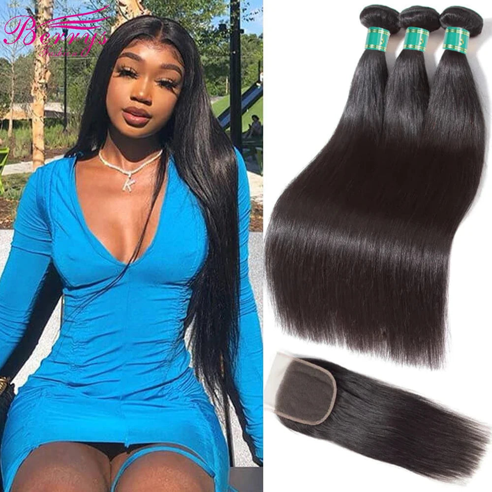Berrys Fashion Straight 3 Bundles With 6x6 Lace Closure Brazilian Virgin Hair 10-28in Nature Color 100% Human Hair 5x5 Lace