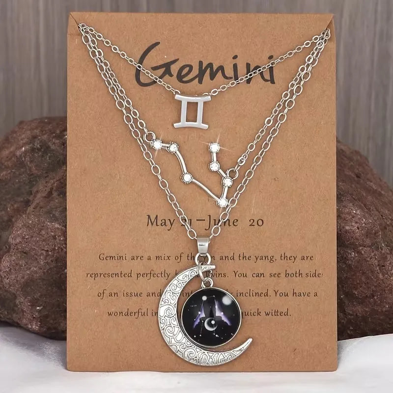 Set of three zodiac moon glow pendant necklaces with birthstone cards, featuring retro design, ideal birthday gift for friends.