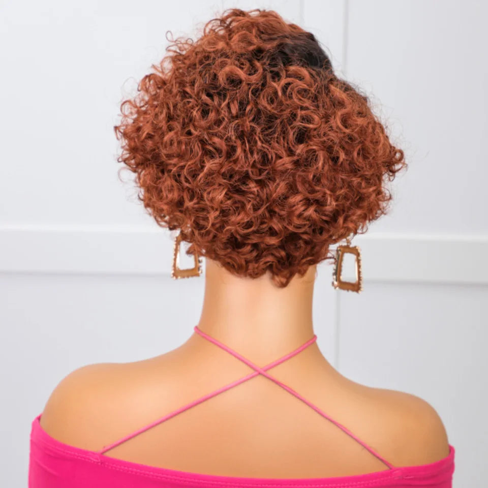 Rebecca Ginger #350 short bob pixie cut wig, curly Peruvian human hair lace front with 13x6x1 lace parting