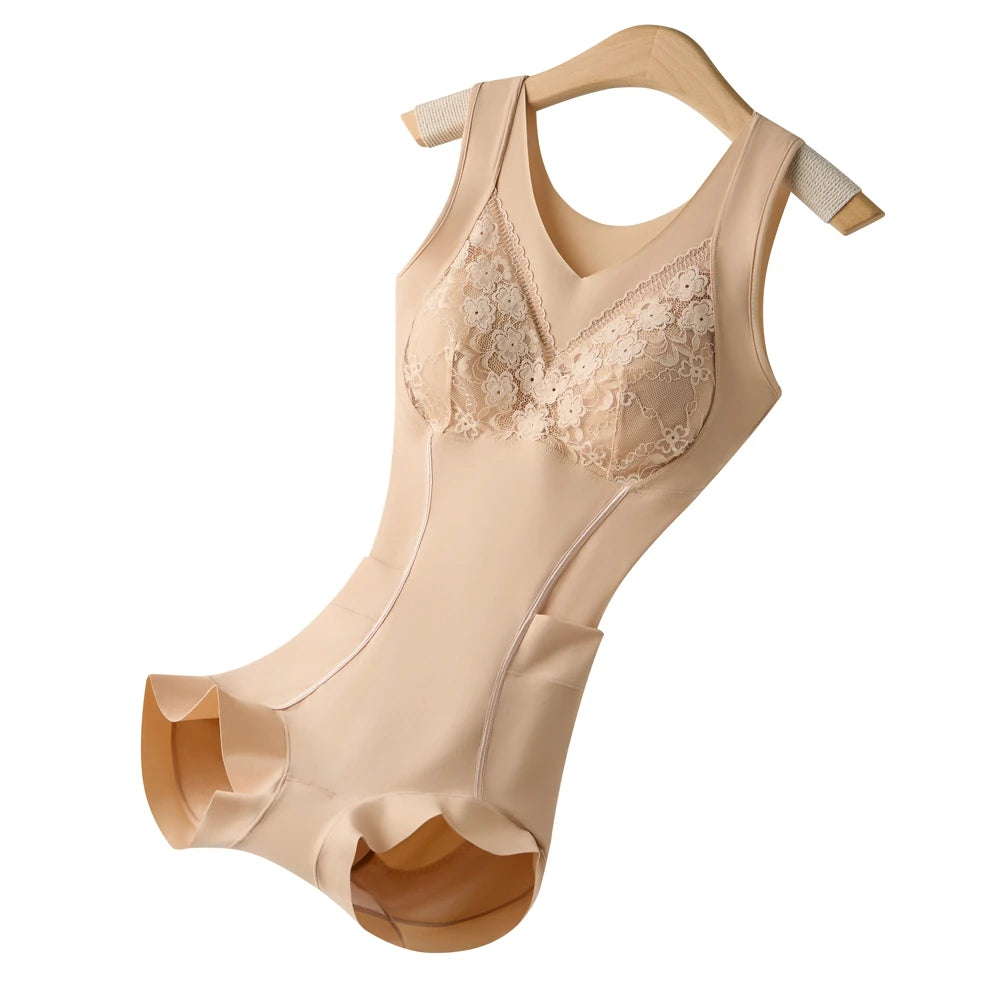 HSF Marketplace women's body shapewear bodysuit with abdomen control, hip-open design, applique, and built-in bras