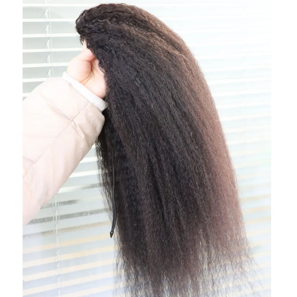 Kinky straight coarse yaki virgin Remy human hair drawstring ponytail with curls, 100g–150g, for Black women