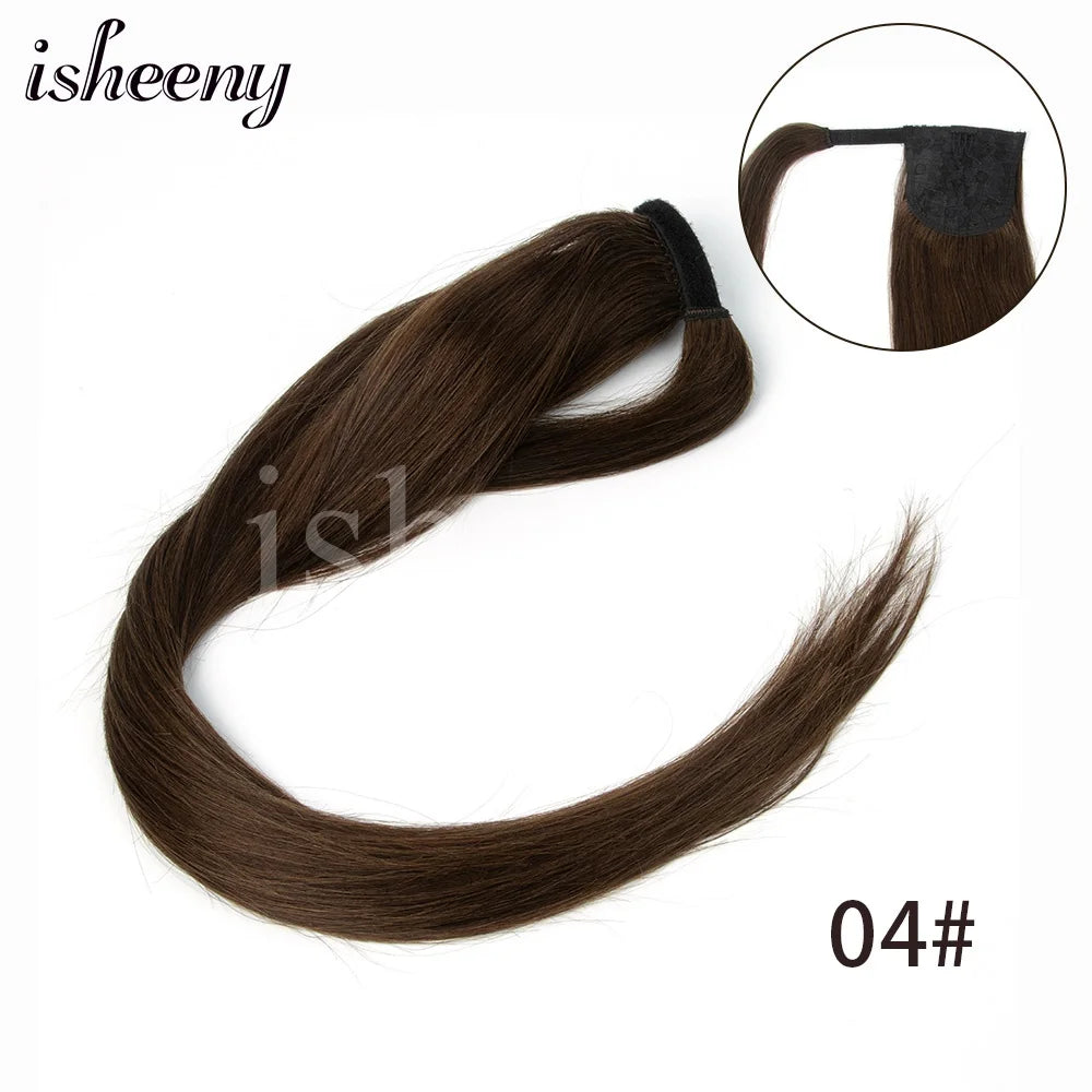 Isheeny straight human hair ponytail extension, 14–24 inch Brazilian Remy wrap clip-in, natural texture