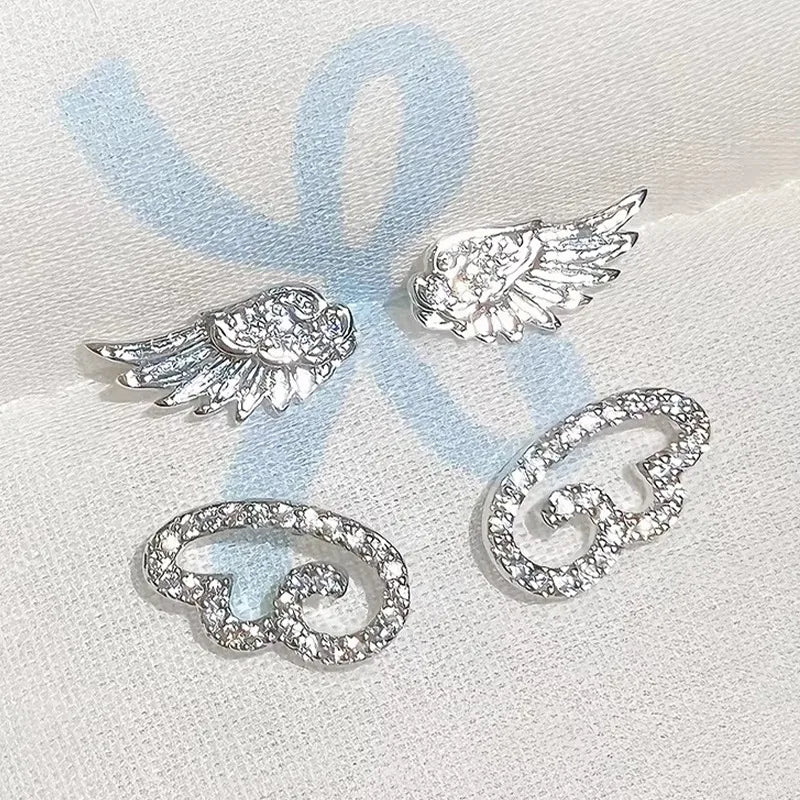 Sparkly full diamond angel wings geometric hollow stud earrings in silver-tone metal for women