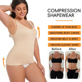 Women’s sleeveless shapewear tank top with wide straps, V-neck, tummy control, and compression fit