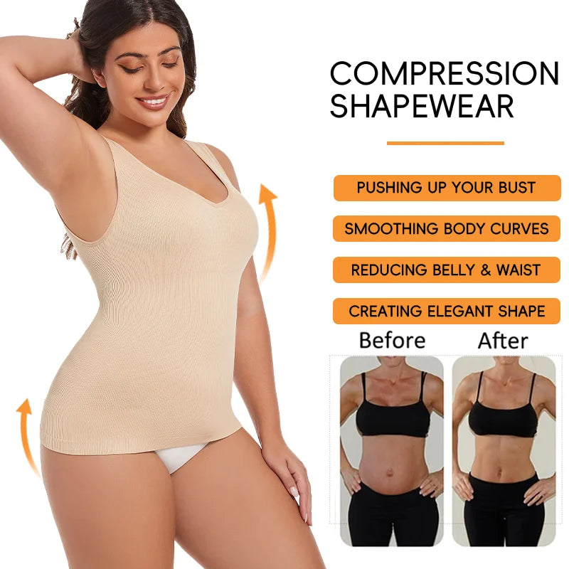 Women’s sleeveless shapewear tank top with wide straps, V-neck, tummy control, and compression fit