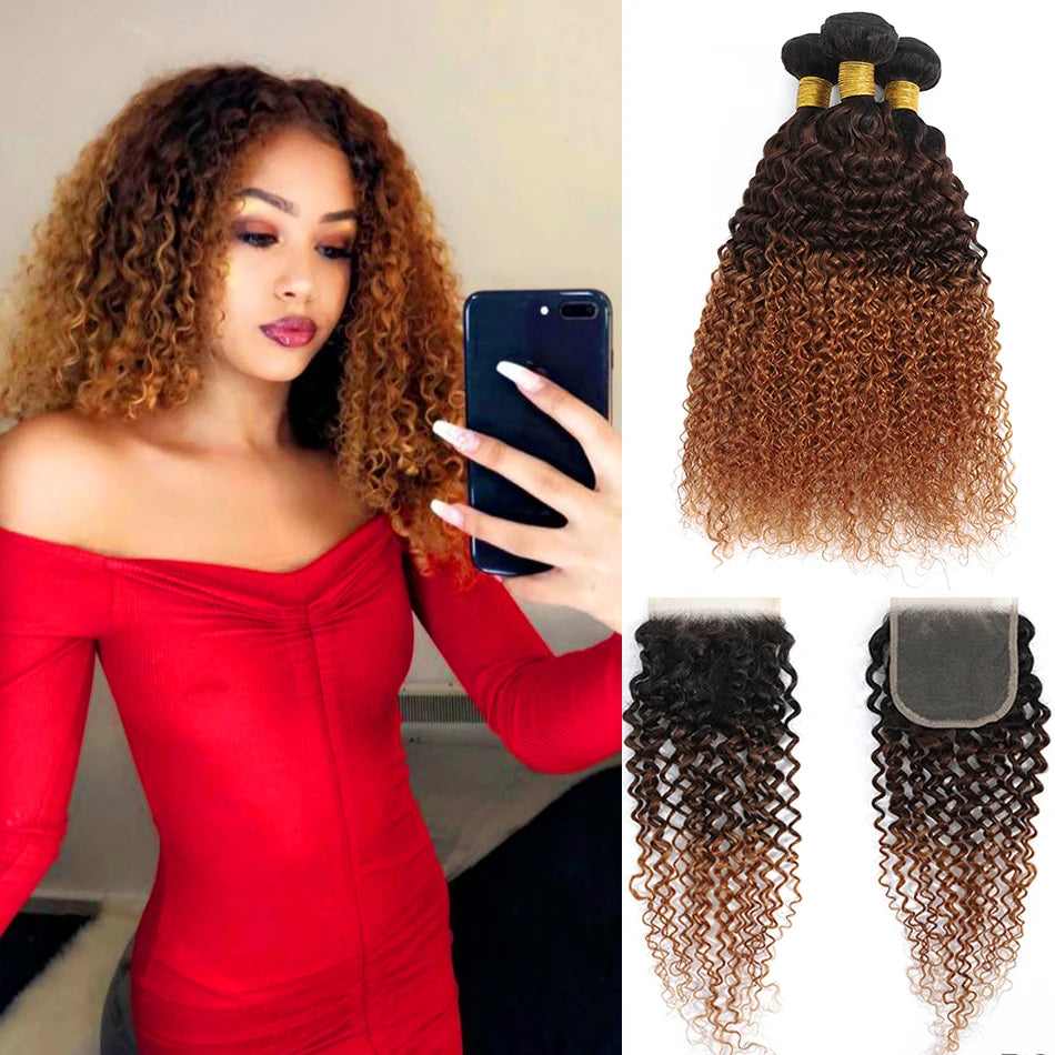 12A Highlight Ombre Curly Bundles Human Hair With Closure Ombre Blond Brown Vietnamese Kinky Curly Virgin Hair With 4x4 Closure