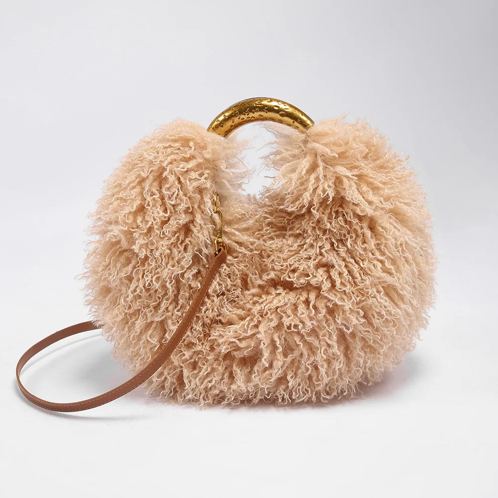 Spice Girl solid color plush women's shoulder handbag with handle, casual furry messenger bag for ladies, versatile and stylish.