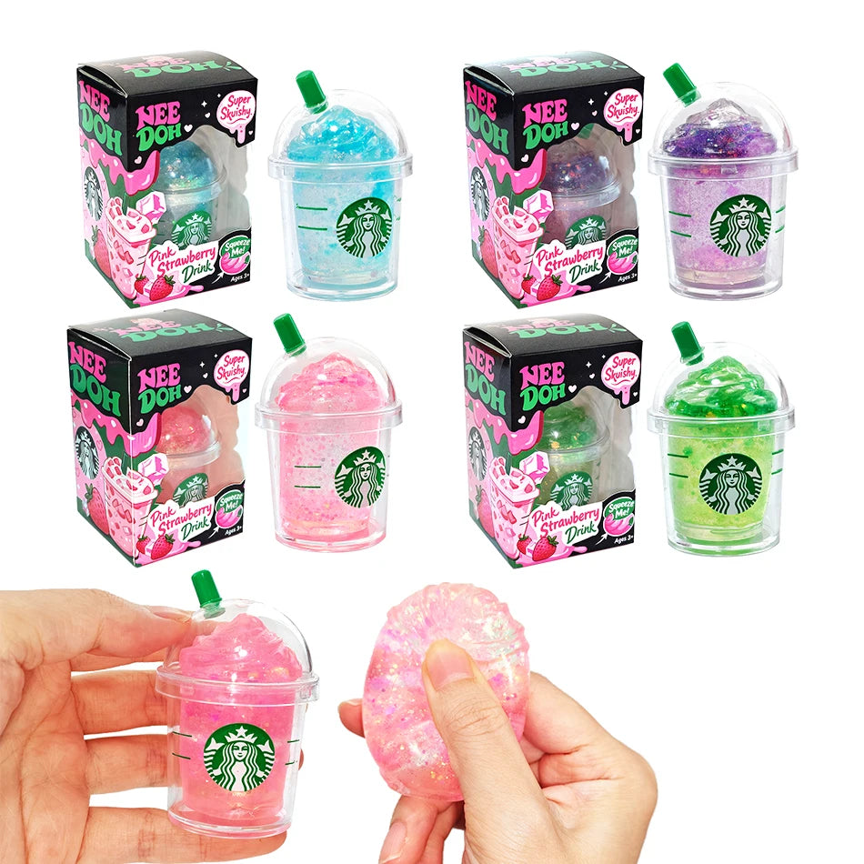 NeeDoh Strawberry Drink Squishy Toy, glittery frappuccino-style fidget sensory toy by HSF Marketplace