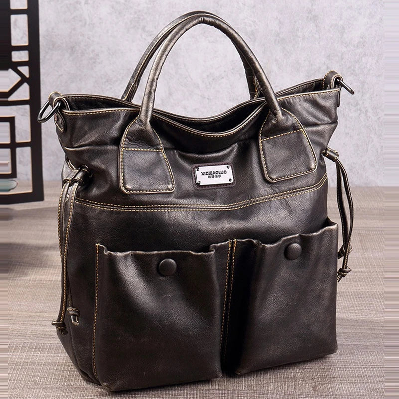 Vintage tote bag by HSF Marketplace, brown and navy faux leather handbag with spacious interior for women and men.