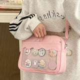 Japanese Harajuku Ita Bag for women featuring a transparent PU pocket, crossbody strap, and high school girl uniform style handbag.