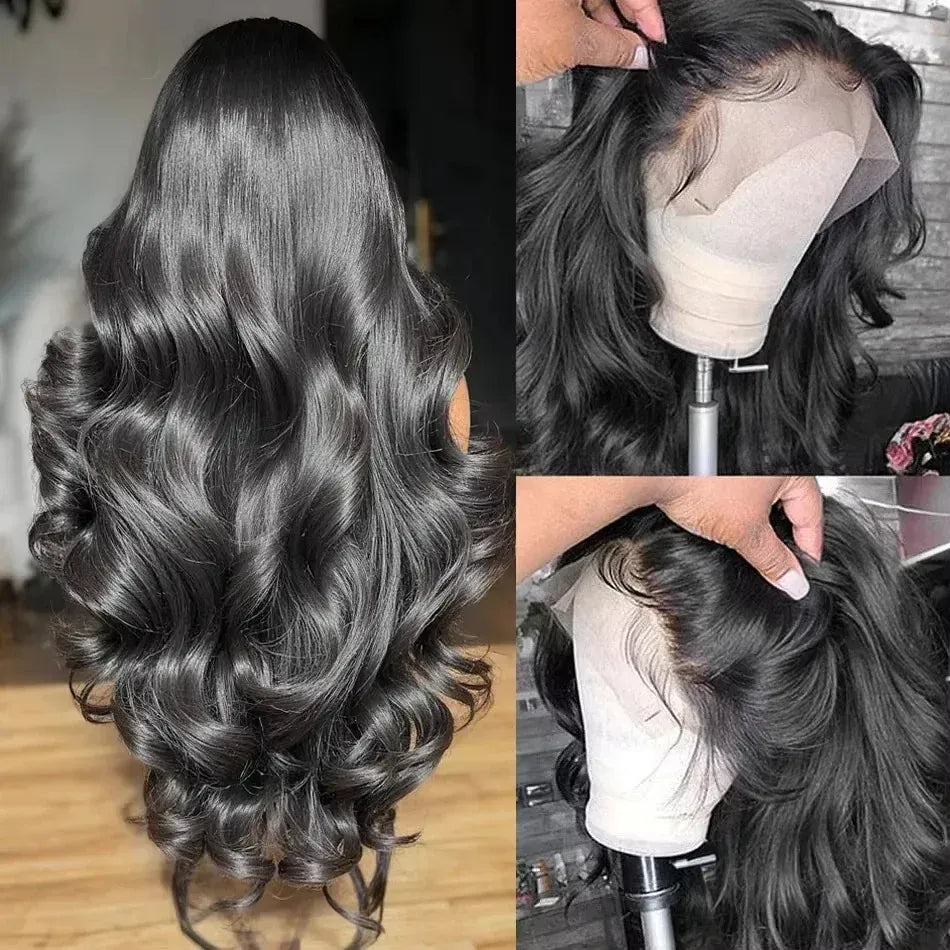Natural Black Human Hair Wigs 1B Body Wave 200% Density 46 Inches 360 5x5 Closure 13x6 13x4 HD Transparent Invisible Lace Frontal Wig For Women Brazilian Hair Pre Plucked Pre Cut Lace Pre Bleached Knots Pre Styled