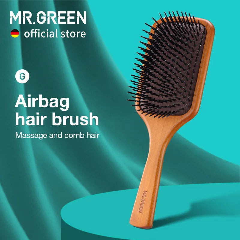 MR.GREEN Hair Brush Natural Maple Wide Board Massage Scalp Air Cushion Fine Tooth Comb For Curly Long Hair Women Men