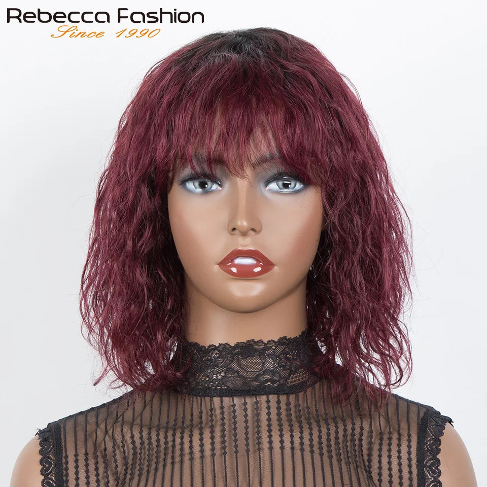 Short curly human hair wig by HSF Marketplace featuring a natural-looking water wave bob style, glueless Brazilian Remy hair.