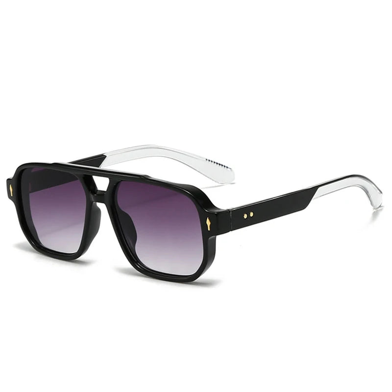 Vintage double bridge square sunglasses with clear ocean lenses, rivet details, UV400 protection, suitable for men and women.