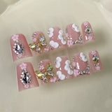 10pcs short duck bill false nails with pink French tips, 3D butterfly flowers, pearl hearts, and rhinestones