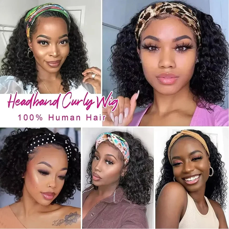 Brazilian kinky curly human hair headband wig, short bob with glueless water wave texture