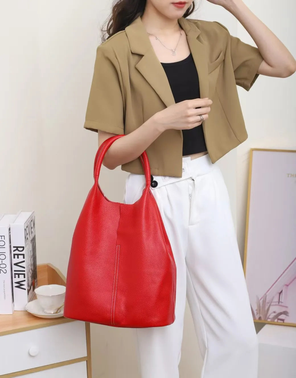 Genuine cowhide leather tote bag for women, luxury commuter handbag with spacious interior and sturdy handles