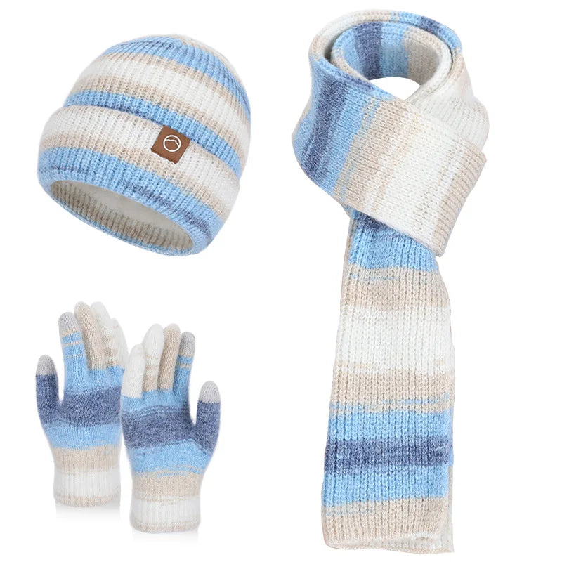 Women's gradient color knitted hat, scarf, and gloves winter set by HSF Marketplace