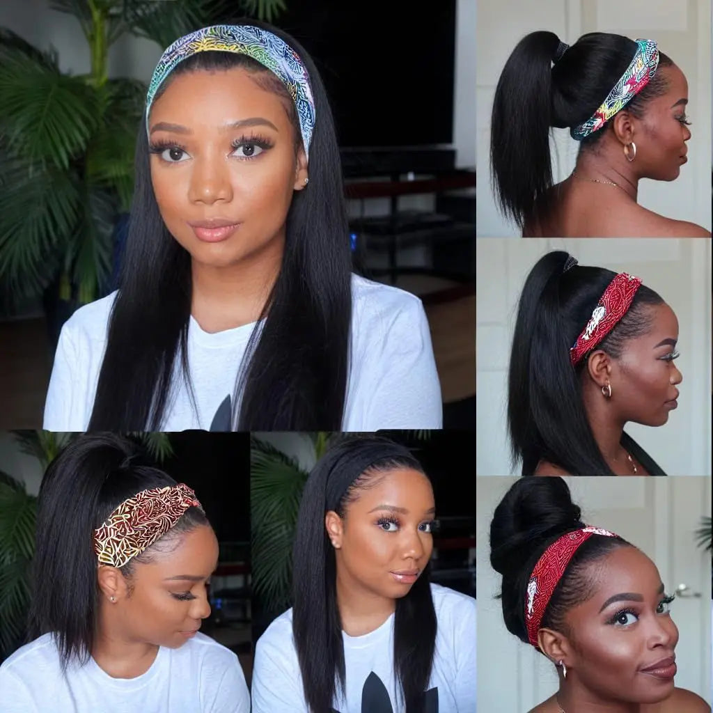 Straight 18-inch Brazilian human hair headband wig, natural color, 200% density, machine-made half wig