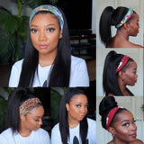 Straight 18-inch Brazilian human hair headband wig, natural color, 200% density, machine-made half wig