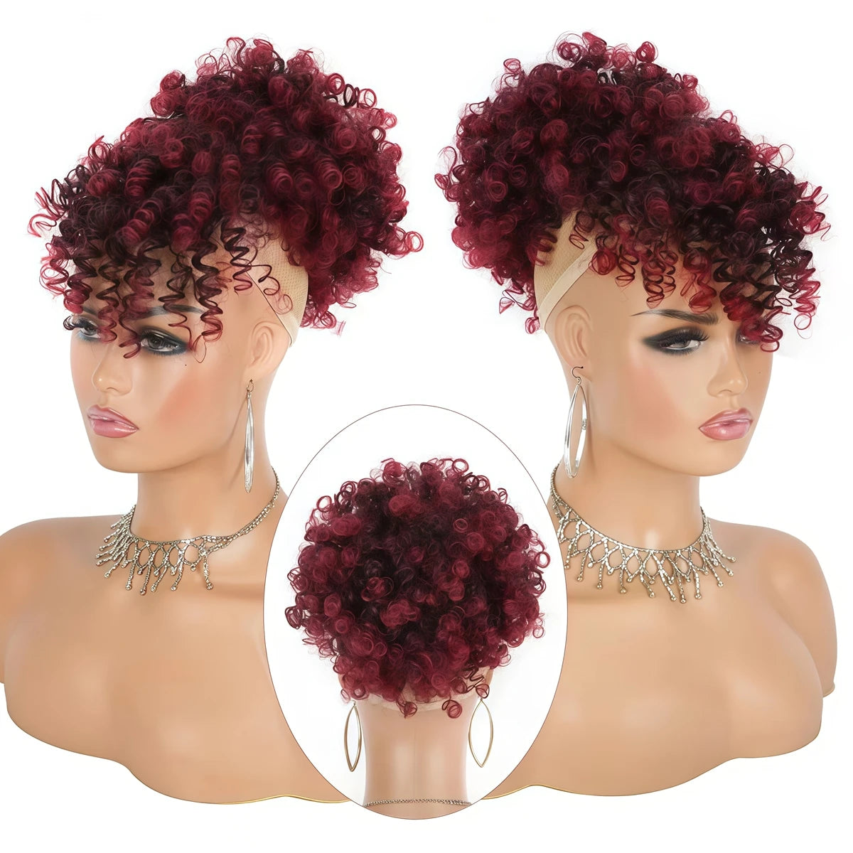 HSF Marketplace ombre burgundy short curly afro puff drawstring ponytail bun with bangs\Seeder