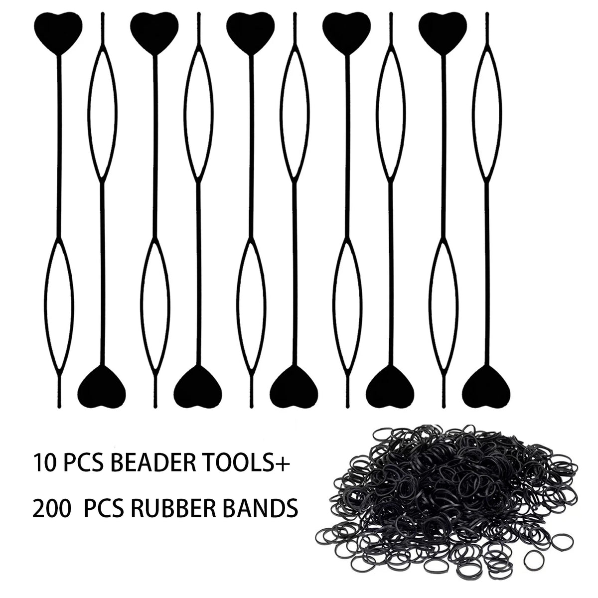 5pcs/Pack Black Quick Beader for Loading Beads on Braids Tool with 100pcs Rubber Bands for Kids Girls Hairstyle Ponytail Make