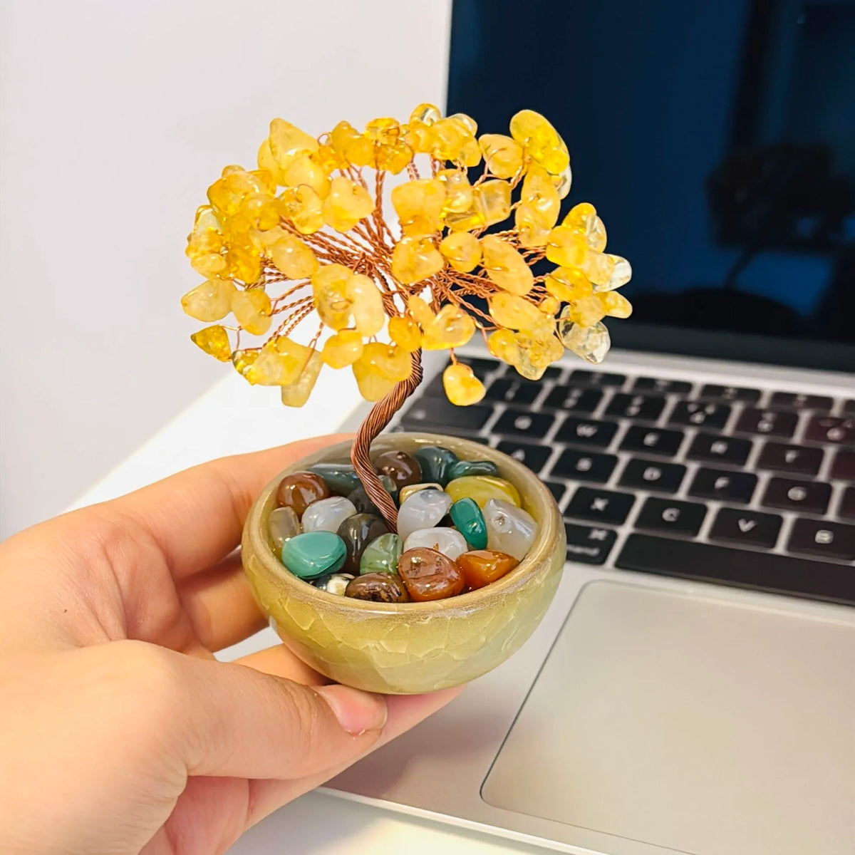 1pcs Natural Yellow Crystal Healing Gems Feng Shui Trees Lucky Money Tree Copper Wire Wrapped Crystal Crafts Home Decor