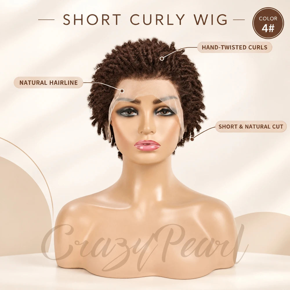 Chocolate brown short pixie cut dreadlocks wig with Afro twists, lace frontal, faux locs, human hair, styled for a natural look.