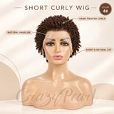 Chocolate brown short pixie cut dreadlocks wig with Afro twists, lace frontal, faux locs, human hair, styled for a natural look.
