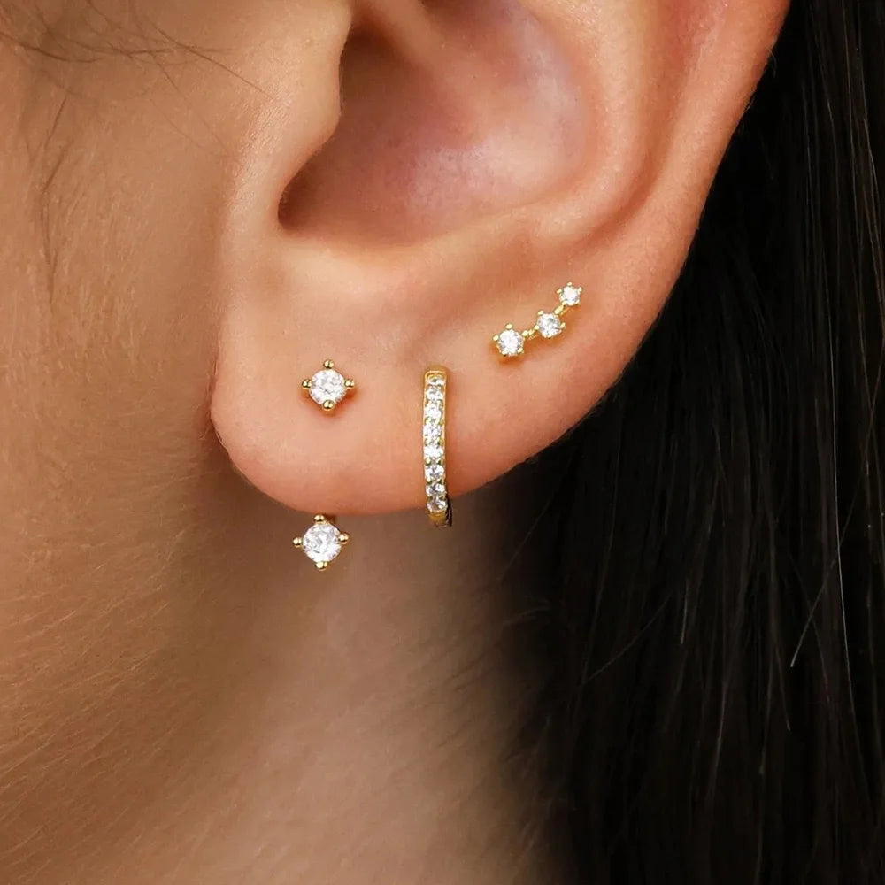 3 pairs of zircon little huggies hoop earrings set in stainless steel for women, including cartilage piercing jewelry