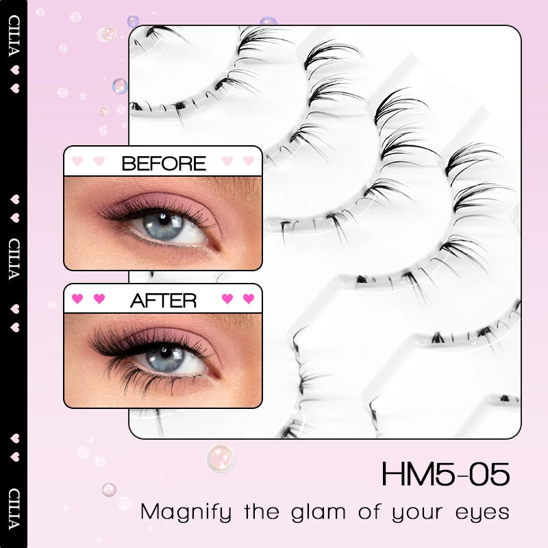 Set of 10 pairs of HSF Marketplace false eyelashes with clear bands, wispy small flame design, for manga, cosplay, or everyday makeup.