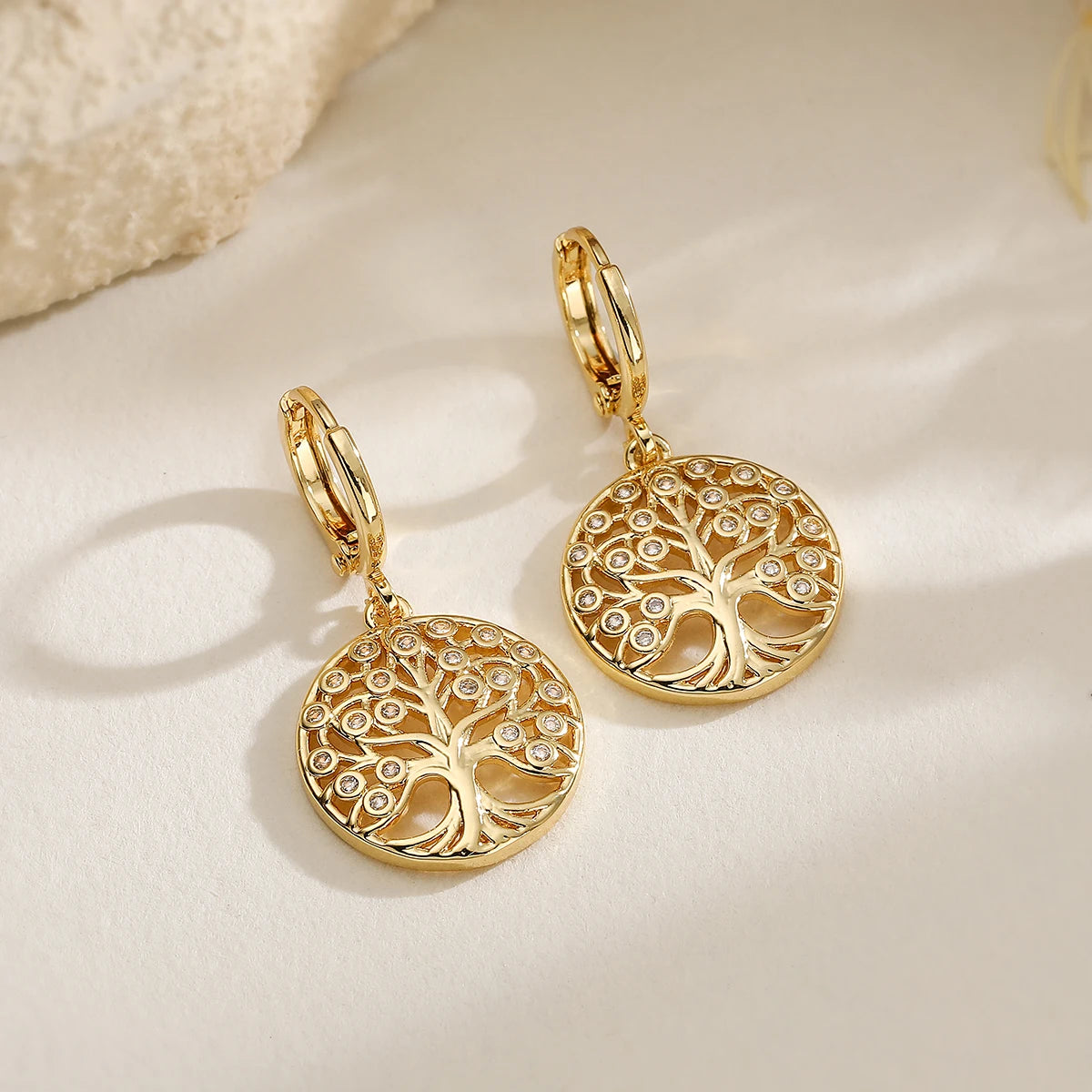 Gold color Life Tree drop earrings with clear CZ stones for women by HSF Marketplace