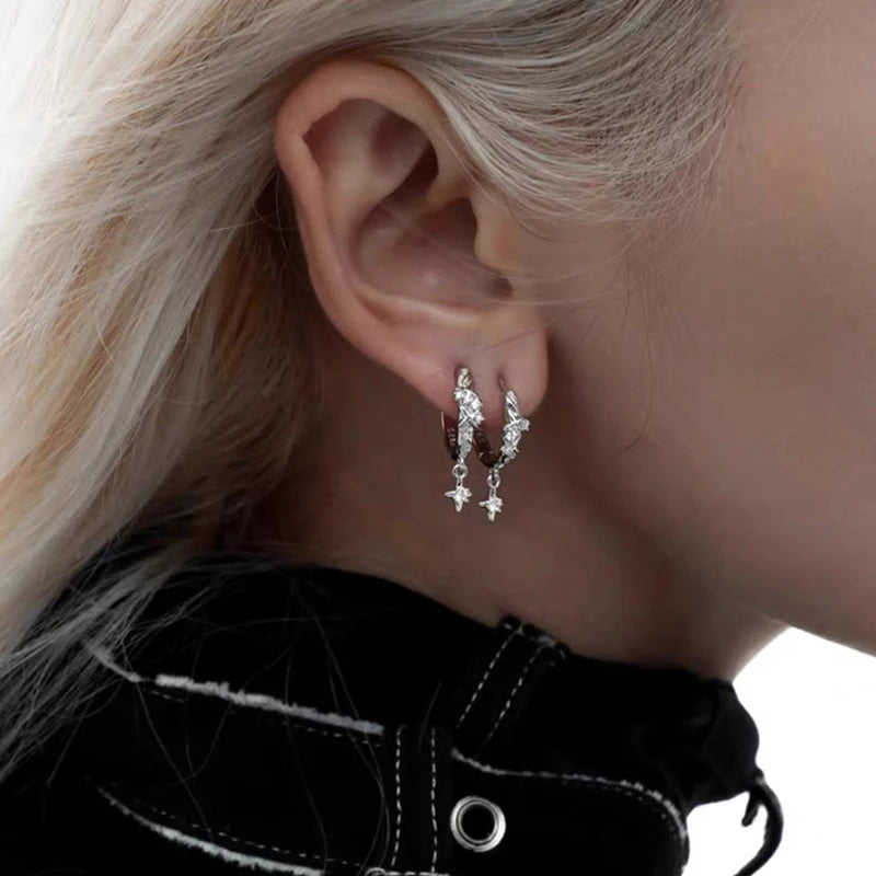 2026 metal four-star hoop earrings with zircon geometric circle design for women, HSF jewelry quartet