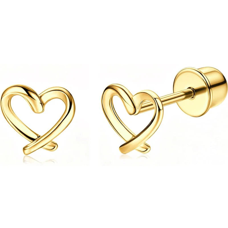 Bobisty hypoallergenic screw-back heart and flower hoop stud earrings, 14K gold-plated surgical steel with CZ accents