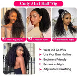 Kinky Curly human hair 3-in-1 half wig with drawstring, seamless clips, and headband by HSF Marketplace