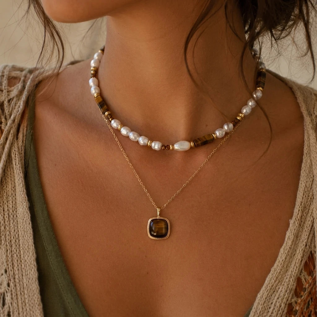 Retro 3 Layers Gold Plated Tiger Eye Stone Necklace For Women Boho Sun Zircon Sun Pendant Beaded Stackable Choker Party Jewelry