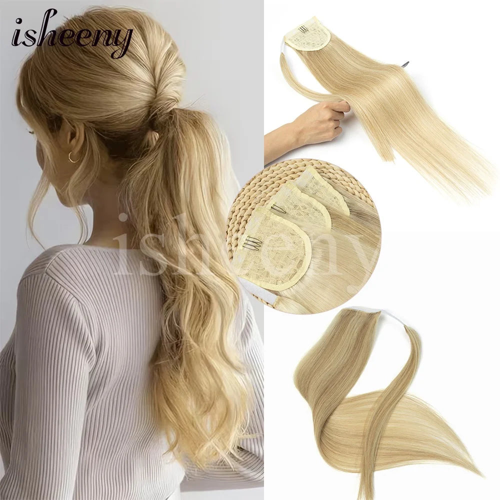 Isheeny straight Brazilian Remy human hair ponytail extension, wrap clip-in style, 14–24 inches, natural black hair